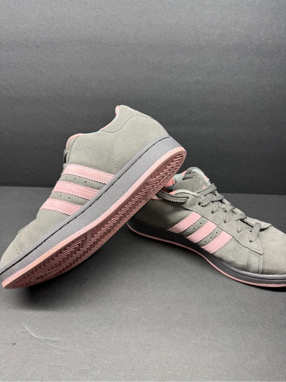 adidas Gray Suede Sneakers with Pink Three-Stripes